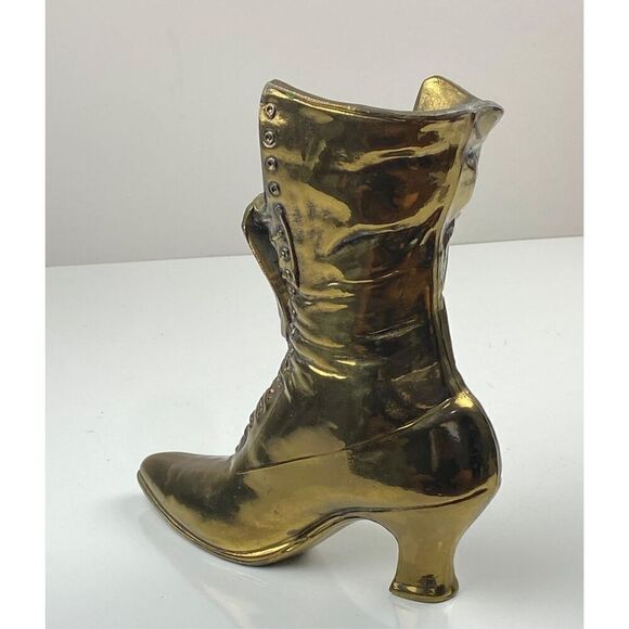 Vintage 9.5" Brass Lace Up Boot Ladies Shoe Planter Vase Doorstop Mid-Century EA - Picture 2 of 6